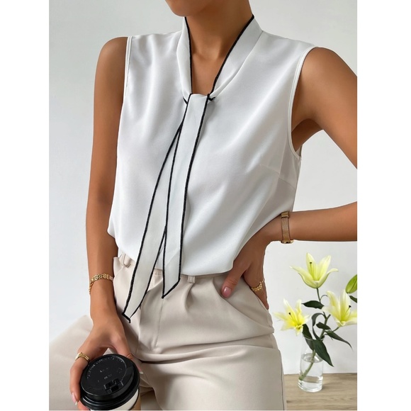 White Blouse Black Trim Tie Front Neck Sleeveless Blouse Office Top Shirt - Picture 6 of 11